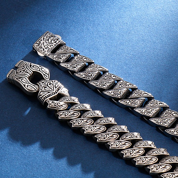 《QBOX 》FASHION 飾品【BK128122】 個性龐克風粗曠北歐編織花紋環扣鑄造鈦鋼手鍊/手環-細節圖6