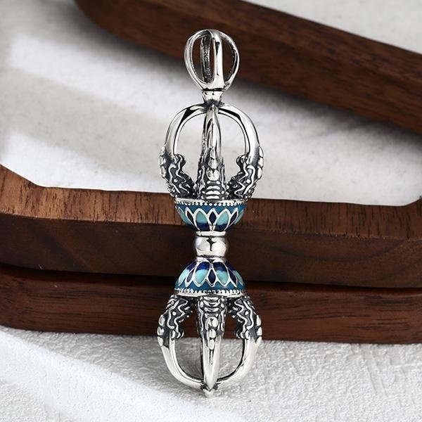 《 QBOX 》FASHION 飾品【TSC548136】精緻個性復古彩飾蓮花降魔金剛杵S925純銀墬子項鍊/掛飾-細節圖3