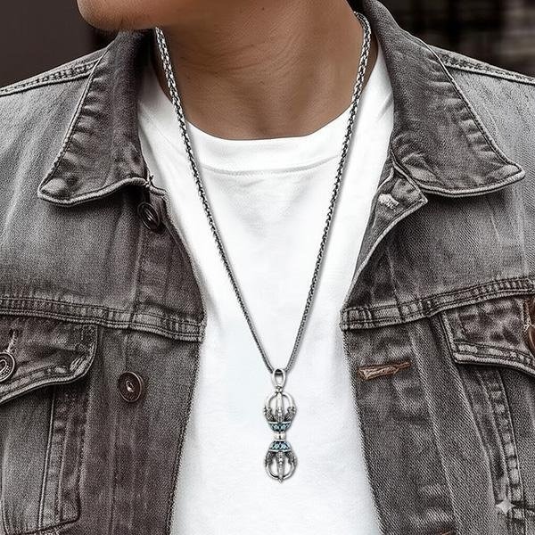 《 QBOX 》FASHION 飾品【TSC548136】精緻個性復古彩飾蓮花降魔金剛杵S925純銀墬子項鍊/掛飾-細節圖8