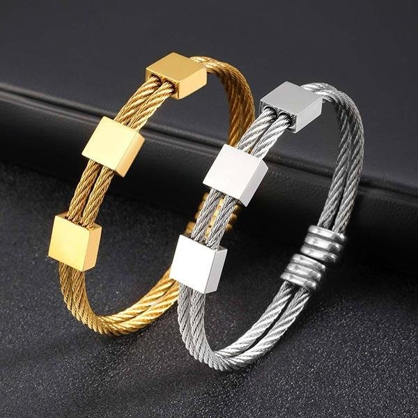 《QBOX 》FASHION 飾品【GB-725】 個性「線條鎖愛」鋼索幾何塊鈦鋼手鍊/手環(二色)-細節圖3