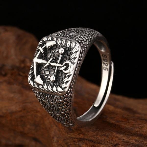 《 QBOX 》FASHION 飾品【TBR56279】精緻個性復古經典方形航海船錨圖案S925純銀戒指/開口戒指-細節圖5