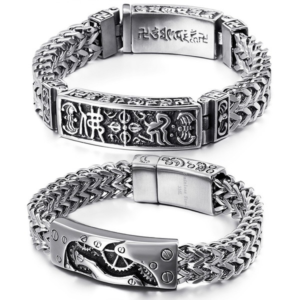 《QBOX 》FASHION 飾品【BK113830】 個性「梵音護佑」佛紋與機械風鈦鋼手鍊/手環(二款)-細節圖2
