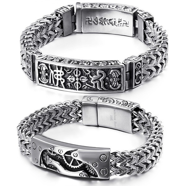《QBOX 》FASHION 飾品【BK113830】 個性「梵音護佑」佛紋與機械風鈦鋼手鍊/手環(二款)-細節圖2