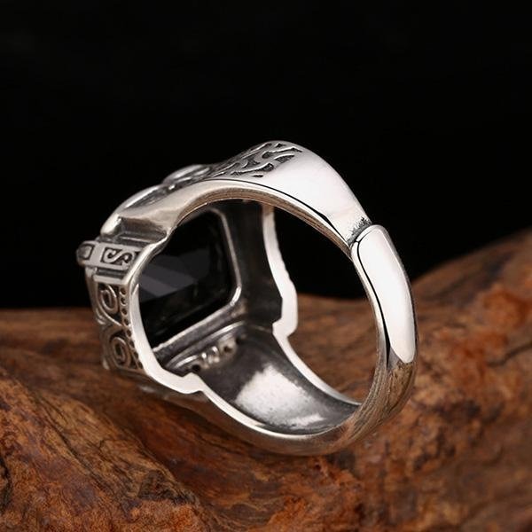 《 QBOX 》FASHION 飾品【TSR552989】精緻個性復古雕花紋方形黑寶石S925純銀戒指/開口戒指-細節圖5