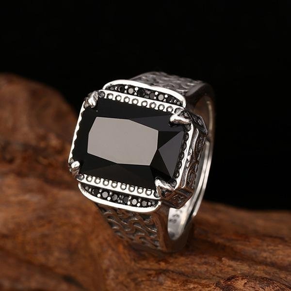 《 QBOX 》FASHION 飾品【TSR552989】精緻個性復古雕花紋方形黑寶石S925純銀戒指/開口戒指-細節圖6