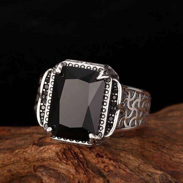 《 QBOX 》FASHION 飾品【TSR552989】精緻個性復古雕花紋方形黑寶石S925純銀戒指/開口戒指-細節圖7