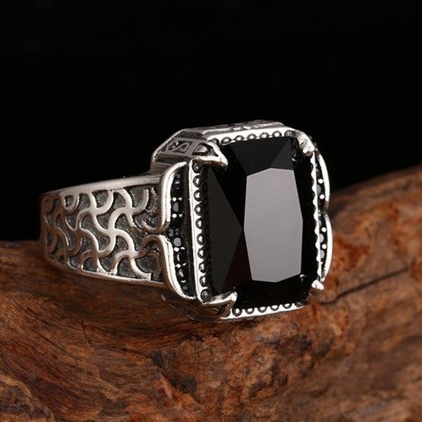 《 QBOX 》FASHION 飾品【TSR552989】精緻個性復古雕花紋方形黑寶石S925純銀戒指/開口戒指-細節圖8