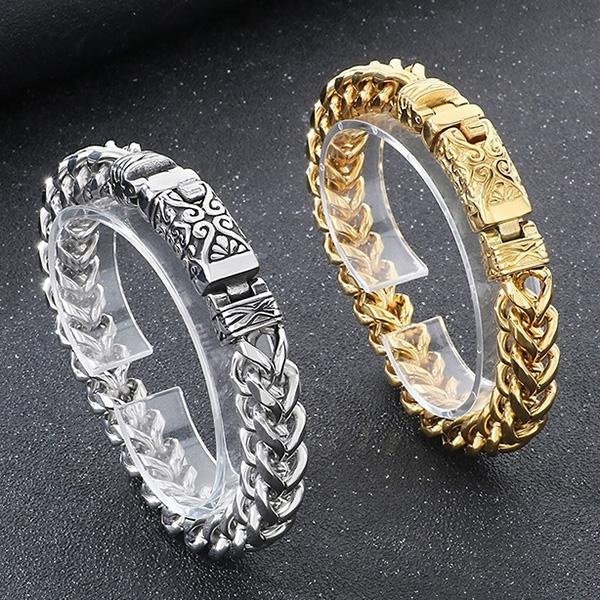 《QBOX 》FASHION 飾品【BK180725】 個性復古方形龍骨雕花環扣鈦鋼手鍊/手環(二色)-細節圖3