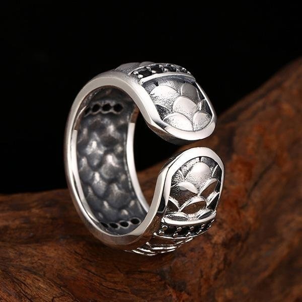 《 QBOX 》FASHION 飾品【TSR5526111】精緻個性復古龍鱗黑鑽S925純銀戒指/開口戒指-細節圖7