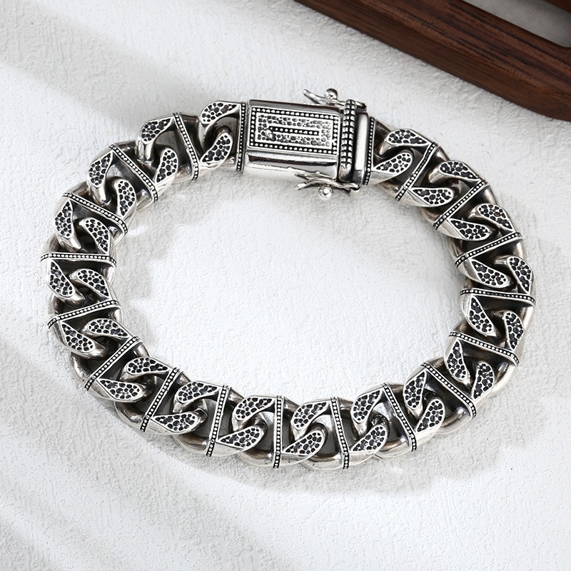 《QBOX 》FASHION 飾品【TSB5731780】精緻個性復古隕石坑做舊古巴環扣S925純銀手鍊/手環-細節圖3