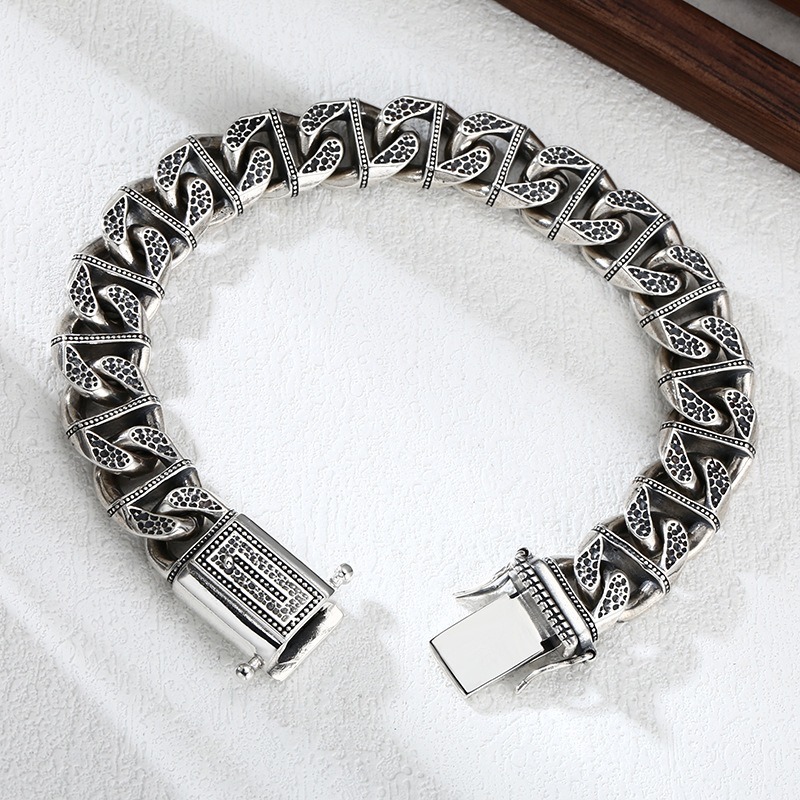 《QBOX 》FASHION 飾品【TSB5731780】精緻個性復古隕石坑做舊古巴環扣S925純銀手鍊/手環-細節圖5