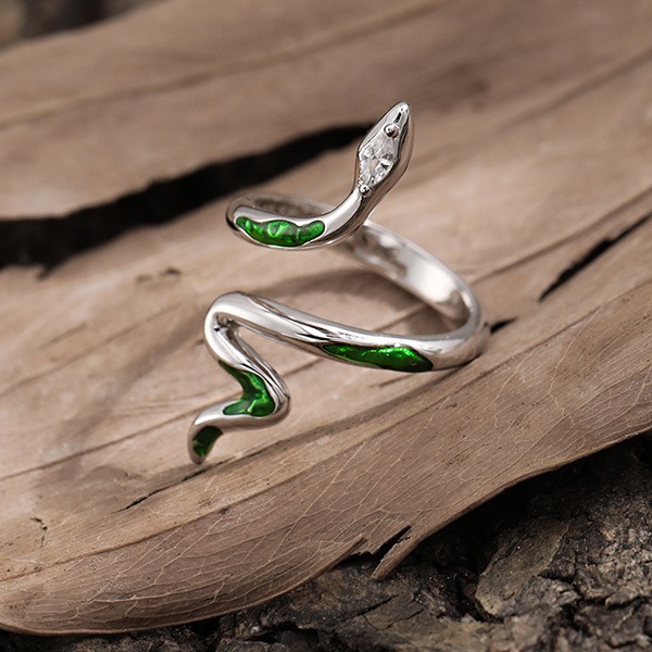 《 QBOX 》FASHION 飾品【RJT1000】精緻個性「靈蛇契約」綠釉鑲鑽S925純銀戒指/開口戒指-細節圖5