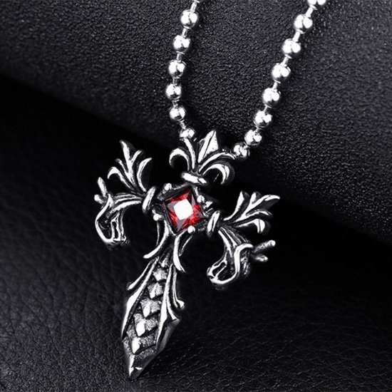 《 QBOX 》FASHION 飾品【C10BP8-085】精緻個性復古鋯石雙邊龍十字架鑄造鈦鋼墬子項鍊-細節圖3