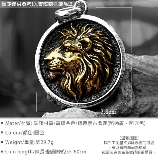 《QBOX 》FASHION 飾品【CBP8-828】精緻個性浮雕立體獅子圓牌鑄造鈦鋼墬子項鍊/吊飾-細節圖2