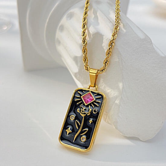 《QBOX 》FASHION 飾品【C23N2272】精緻個性方牌形立體浮雕花朵菱鑽太陽鈦鋼墬子項鍊/掛飾-細節圖4