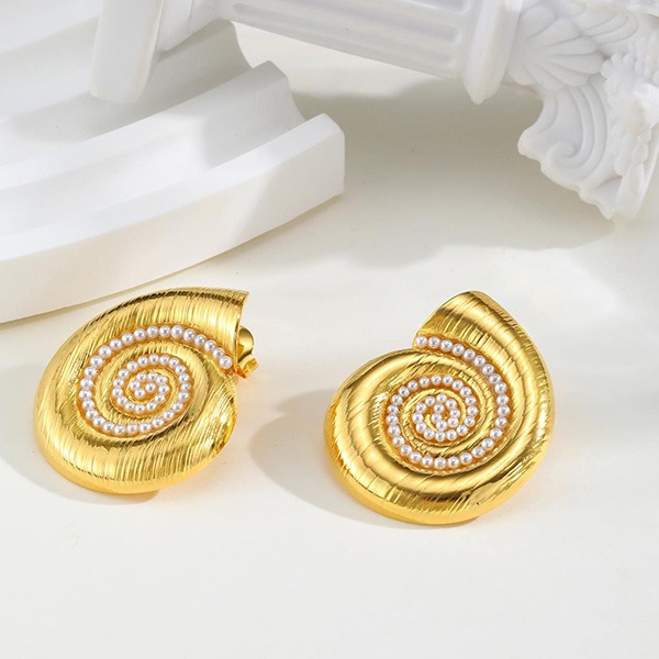 《 QBOX 》FASHION 飾品【GES-725】精緻個性夏季海洋風金貝螺旋珍珠鑲嵌鈦鋼耳環/耳飾-細節圖5