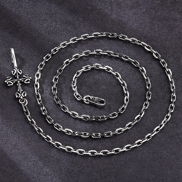 《 QBOX 》FASHION 飾品【TSN586193】精緻個性「復古鎖鏈」仿舊十字架太角扣環S925純銀項鍊-細節圖4