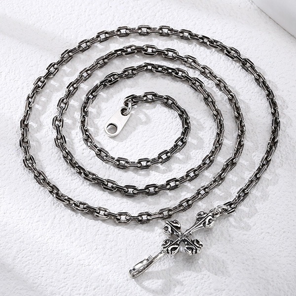 《 QBOX 》FASHION 飾品【TSN586193】精緻個性「復古鎖鏈」仿舊十字架太角扣環S925純銀項鍊-細節圖7