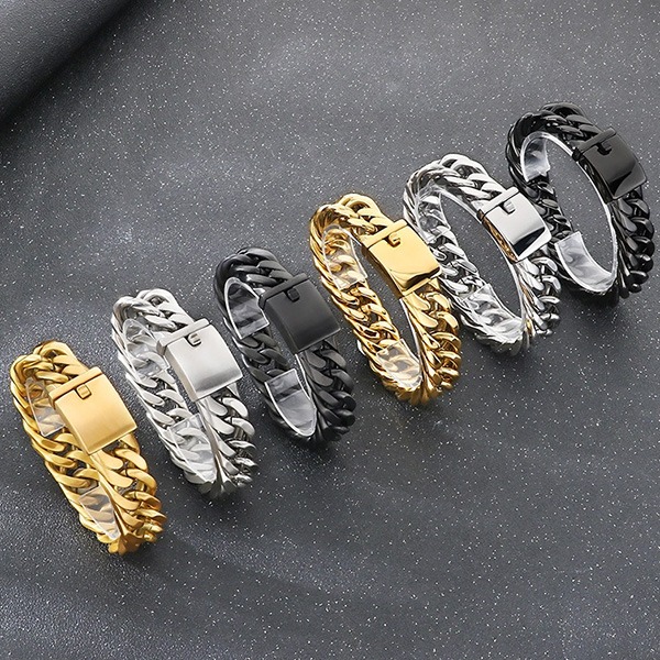 《QBOX 》FASHION 飾品【BK128122】 個性龐克風粗曠寬版古巴編織環扣鈦鋼手鍊/手環-細節圖4