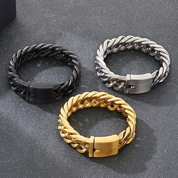 《QBOX 》FASHION 飾品【BK128122】 個性龐克風粗曠寬版古巴編織環扣鈦鋼手鍊/手環-細節圖6