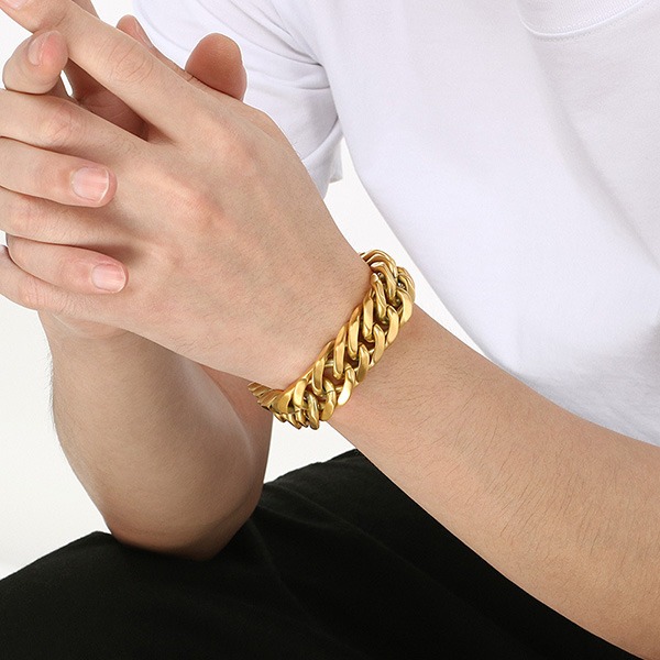 《QBOX 》FASHION 飾品【BK128122】 個性龐克風粗曠寬版古巴編織環扣鈦鋼手鍊/手環-細節圖11