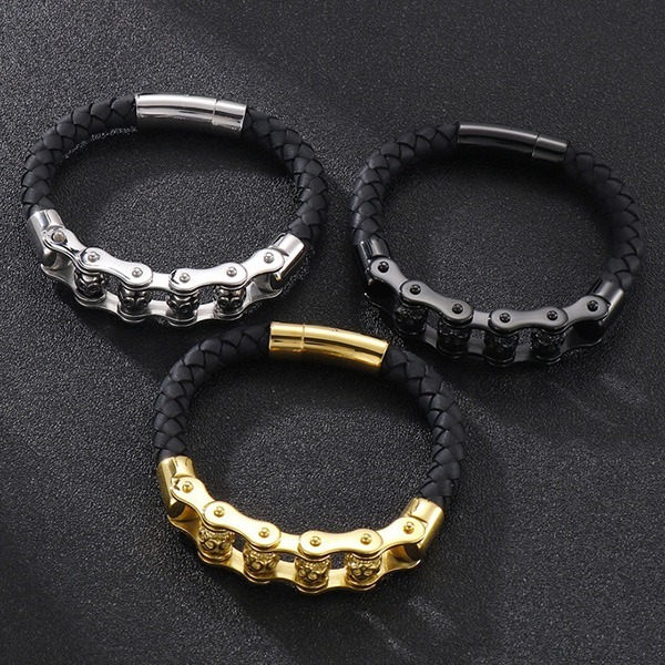 《 QBOX 》FASHION 飾品【BK150313】 精緻個性「機械風骷髏」編織皮革拼接鈦鋼手鍊/手環-細節圖3