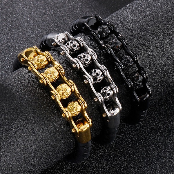 《 QBOX 》FASHION 飾品【BK150313】 精緻個性「機械風骷髏」編織皮革拼接鈦鋼手鍊/手環-細節圖4