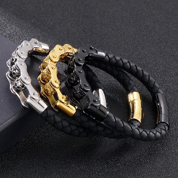 《 QBOX 》FASHION 飾品【BK150313】 精緻個性「機械風骷髏」編織皮革拼接鈦鋼手鍊/手環-細節圖5