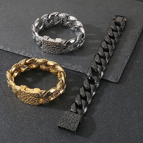 《QBOX 》FASHION 飾品【BK187843】 個性龐克風粗曠寬版古巴鱗紋環扣鈦鋼手鍊/手環-細節圖4