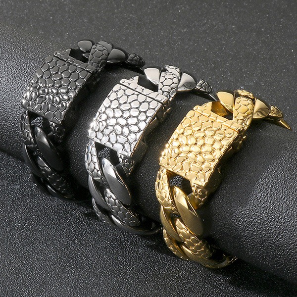《QBOX 》FASHION 飾品【BK187843】 個性龐克風粗曠寬版古巴鱗紋環扣鈦鋼手鍊/手環-細節圖5