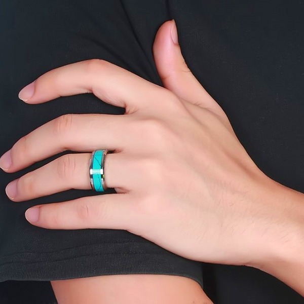 《 QBOX 》FASHION 飾品【RTCR-023】精緻個性簡約「藍嵐之誓」綠松石鎢鋼戒指/戒環-細節圖7