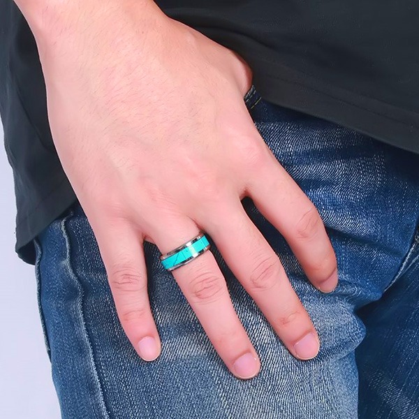 《 QBOX 》FASHION 飾品【RTCR-023】精緻個性簡約「藍嵐之誓」綠松石鎢鋼戒指/戒環-細節圖8