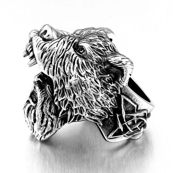 《 QBOX 》FASHION 飾品【RBR8-648】精緻個性「狂熊戰魂」北歐維京熊頭鑄造鈦鋼戒指/戒環-細節圖5