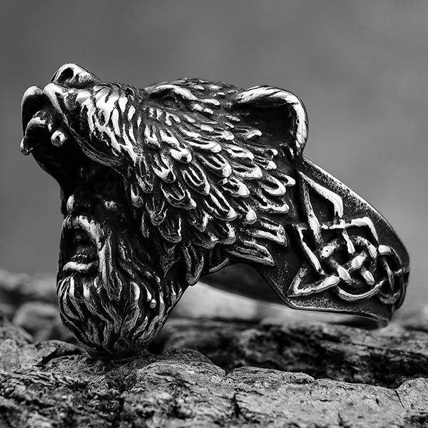 《 QBOX 》FASHION 飾品【RBR8-648】精緻個性「狂熊戰魂」北歐維京熊頭鑄造鈦鋼戒指/戒環-細節圖6