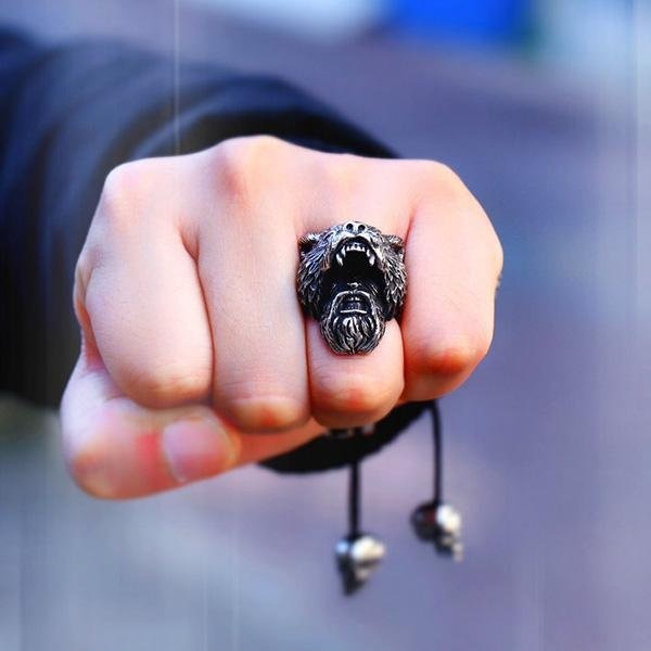 《 QBOX 》FASHION 飾品【RBR8-648】精緻個性「狂熊戰魂」北歐維京熊頭鑄造鈦鋼戒指/戒環-細節圖8