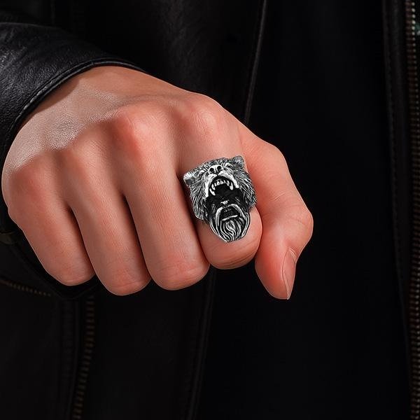 《 QBOX 》FASHION 飾品【RBR8-648】精緻個性「狂熊戰魂」北歐維京熊頭鑄造鈦鋼戒指/戒環-細節圖9