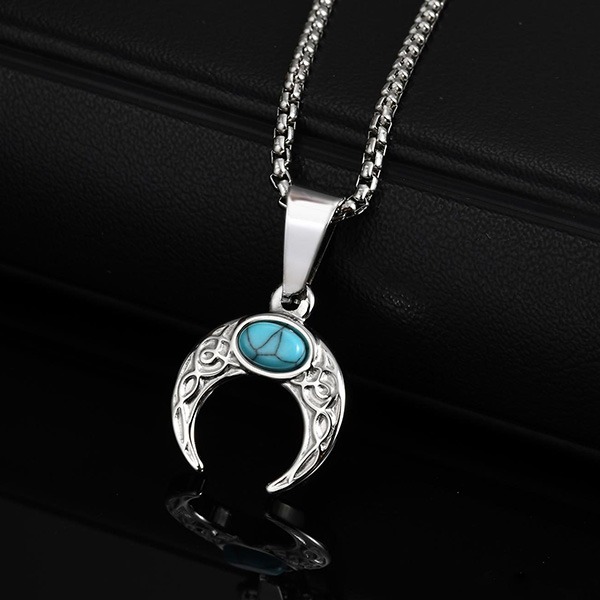 《 QBOX 》FASHION 飾品【CPN-2126】精緻個性復古月牙綠松石鈦鋼鑽子項鍊/掛飾-細節圖3