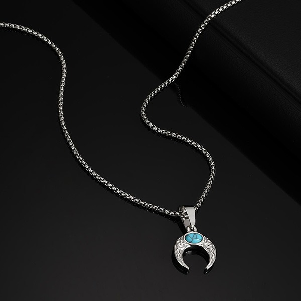 《 QBOX 》FASHION 飾品【CPN-2126】精緻個性復古月牙綠松石鈦鋼鑽子項鍊/掛飾-細節圖4