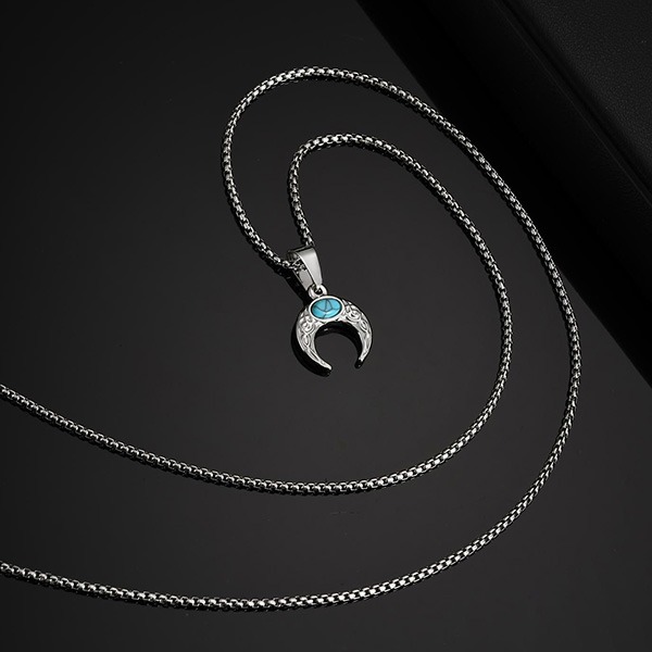 《 QBOX 》FASHION 飾品【CPN-2126】精緻個性復古月牙綠松石鈦鋼鑽子項鍊/掛飾-細節圖5