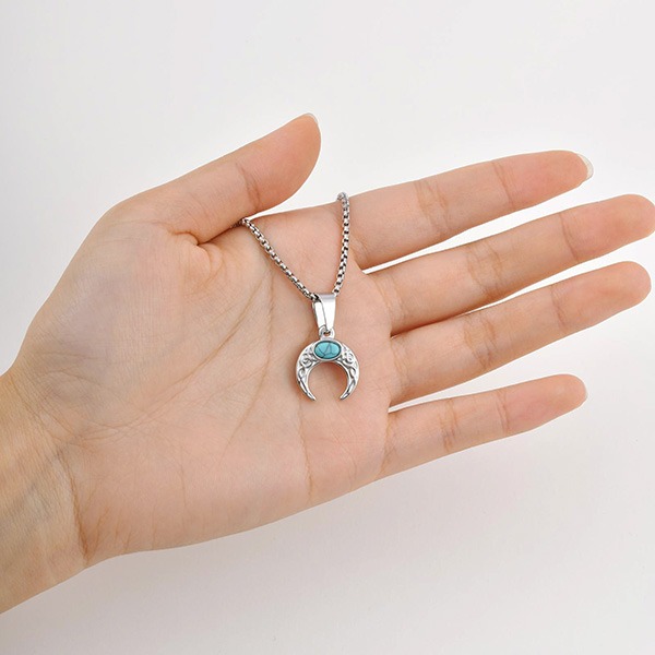 《 QBOX 》FASHION 飾品【CPN-2126】精緻個性復古月牙綠松石鈦鋼鑽子項鍊/掛飾-細節圖7