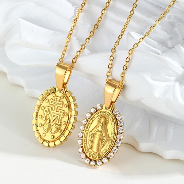 《 QBOX 》FASHION 飾品【GPN-2158】 精緻個性宗教浮雕聖母瑪利亞鋯石橢圓牌鈦鋼墬子項鍊/蛇骨鍊-細節圖3