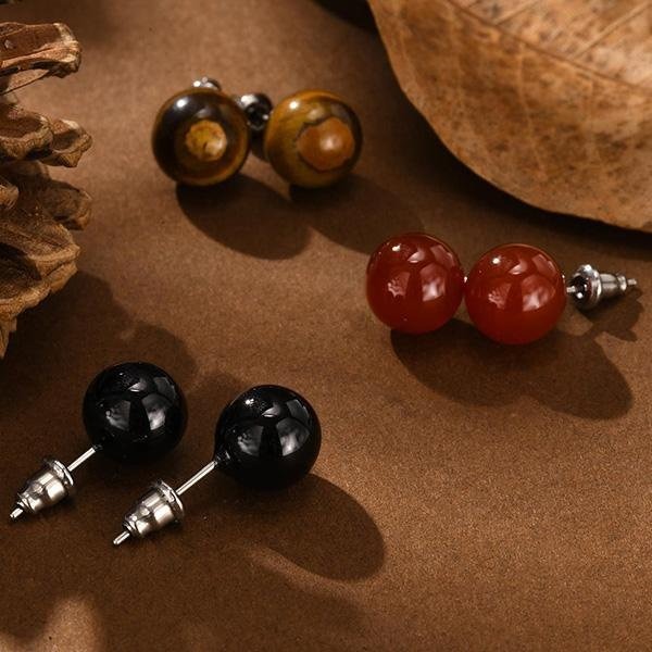 《 QBOX 》FASHION 飾品【GES-628】精緻個性圓形瑪瑙/虎眼天然石鈦鋼環插式耳環/耳飾(二款)-細節圖3