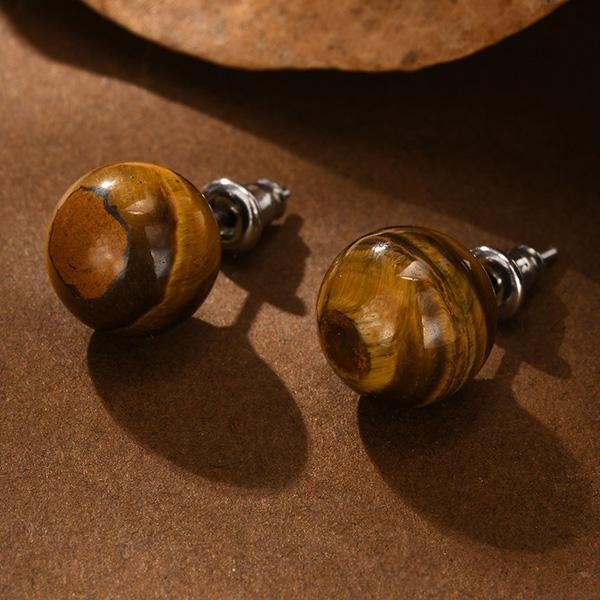 《 QBOX 》FASHION 飾品【GES-628】精緻個性圓形瑪瑙/虎眼天然石鈦鋼環插式耳環/耳飾(二款)-細節圖5