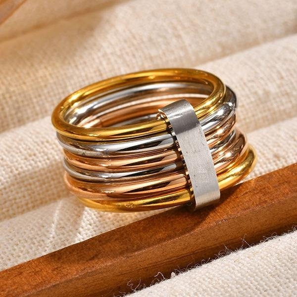 《 QBOX 》FASHION 飾品【GR-574】精緻個性「輝光疊影」三色疊層鈦鋼戒指/戒環-細節圖5