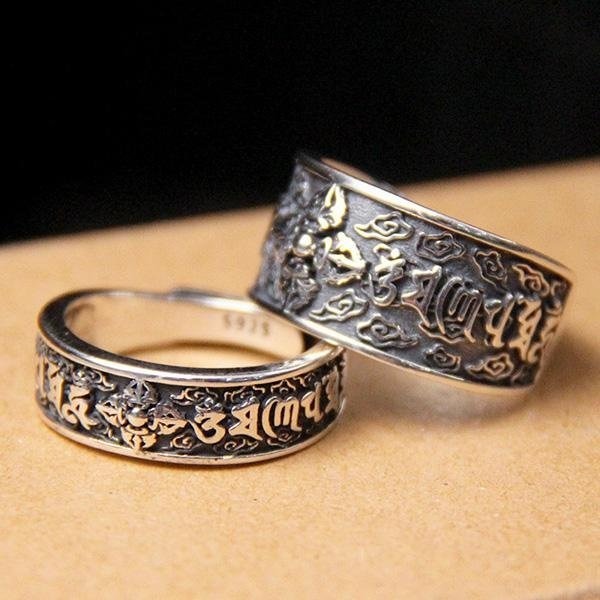 《 QBOX 》FASHION 飾品【BSR551978】精緻個性復古金剛杵六字真言S925純銀戒指/情侶開口戒指-細節圖4