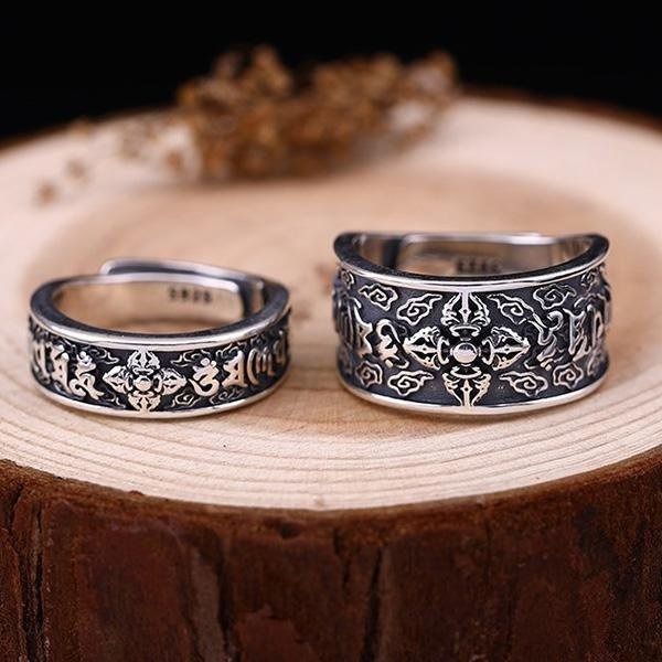 《 QBOX 》FASHION 飾品【BSR551978】精緻個性復古金剛杵六字真言S925純銀戒指/情侶開口戒指-細節圖6