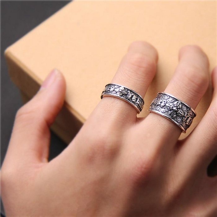 《 QBOX 》FASHION 飾品【BSR551978】精緻個性復古金剛杵六字真言S925純銀戒指/情侶開口戒指-細節圖7