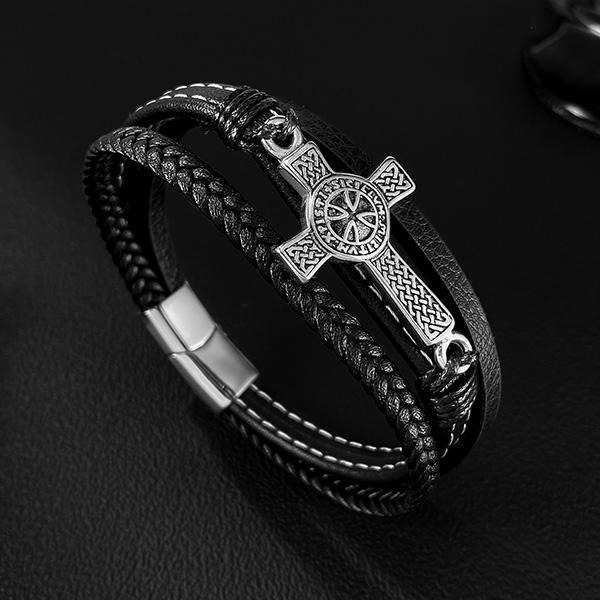 《 QBOX 》FASHION 飾品【L25N1635】 精緻個性「聖芒守護」十字架編織皮革鈦鋼磁扣頭手鍊/手環-細節圖3