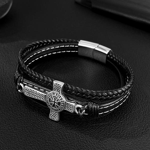 《 QBOX 》FASHION 飾品【L25N1635】 精緻個性「聖芒守護」十字架編織皮革鈦鋼磁扣頭手鍊/手環-細節圖5