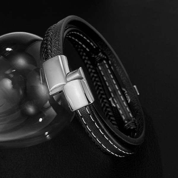 《 QBOX 》FASHION 飾品【L25N1635】 精緻個性「聖芒守護」十字架編織皮革鈦鋼磁扣頭手鍊/手環-細節圖7